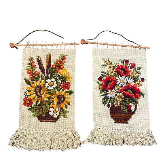 Vintage Other - Mid Century Modern Floral Needlepoint Wall Hanging Boho Set 2 Handmade Vintage